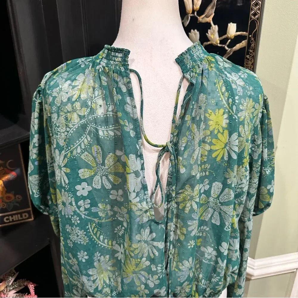 Free People Green Floral Peasant Blouse Balloon Sleeve Boho Top – Size XS